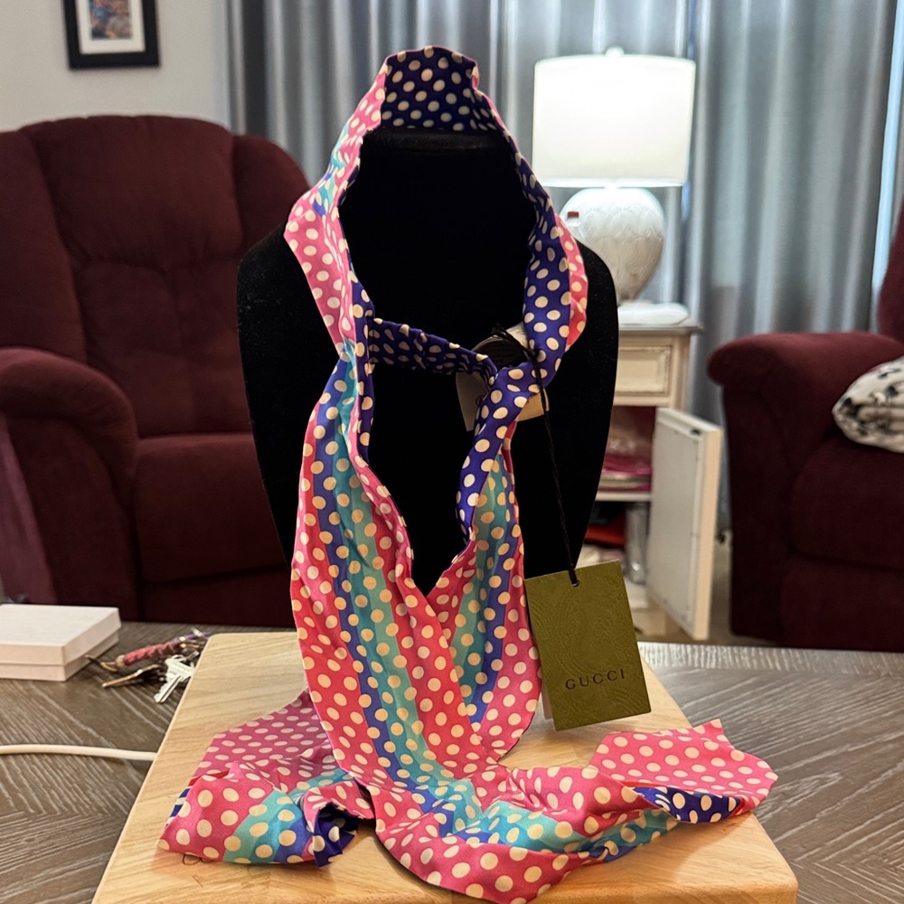 Gucci Polka Dot Pink Blue Silk Scarf